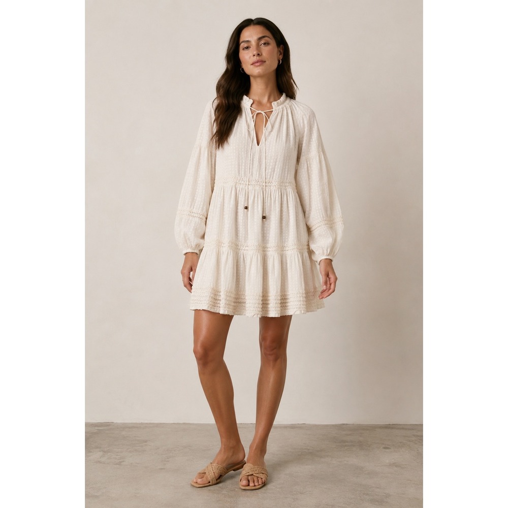 Oliphant Ivory Lined Tiered Mini Dress Balloon Sleeve Small Bridal Resortwear